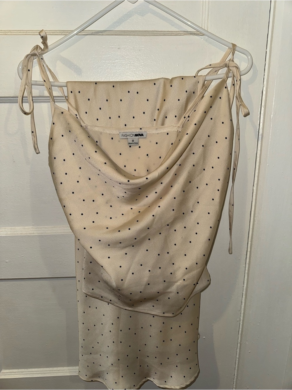 Fashion Nova Cream Slip Dress with Black Polka Dots